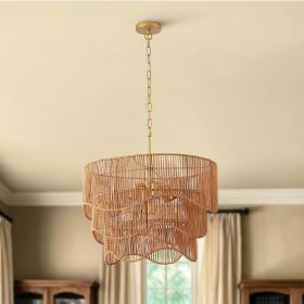 Handwoven Paper Rattan Boho Chandelier with 7-Light E26 Base, 60cm Adjustable Height Wave Pendant Light for Living Room, Sloped Ceiling Compatible