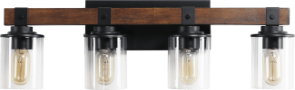 27" Rustic 4-Light Vanity Light, Industrial Bathroom Wall Sconce with Glass Shades and Wood Accent, Modern Farmhouse Lighting Fixture (No Bulbs)