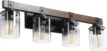 27" Rustic 4-Light Vanity Light, Industrial Bathroom Wall Sconce with Glass Shades and Wood Accent, Modern Farmhouse Lighting Fixture (No Bulbs)