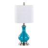 Jasmine 22" Contemporary Glass Accent Lamp in Clear Sapphire Blue Seeded Glass, Brushed Nickel and White Linen Shade