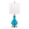 Jasmine 22" Contemporary Glass Accent Lamp in Clear Sapphire Blue Seeded Glass, Brushed Nickel and White Linen Shade